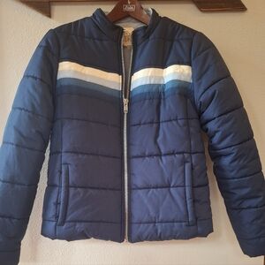 Chaser Quilted Puffer Coat Navy W/Stripes Full Zip Pockets Womens Size S
